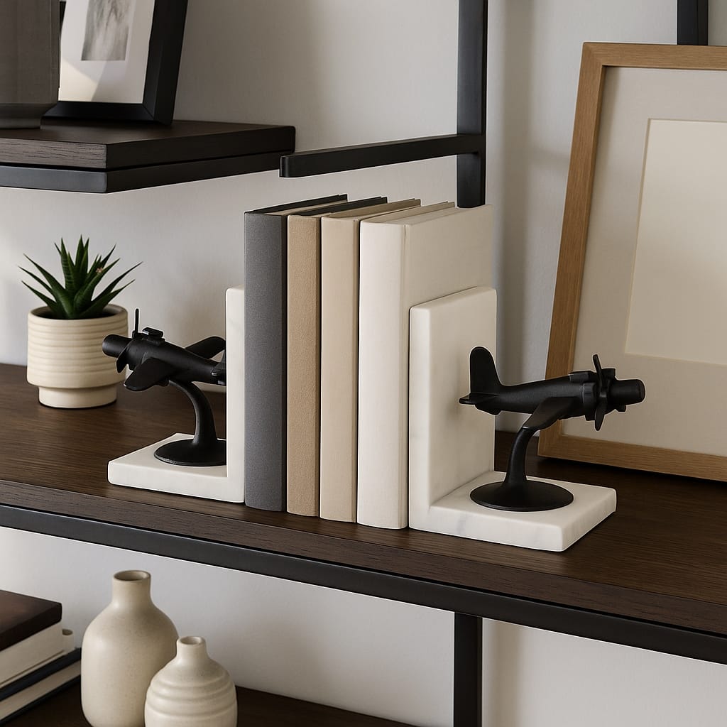 Decorative Airplane Bookends on Marble L-Shape Base - 6", Black &White - 6.25"
