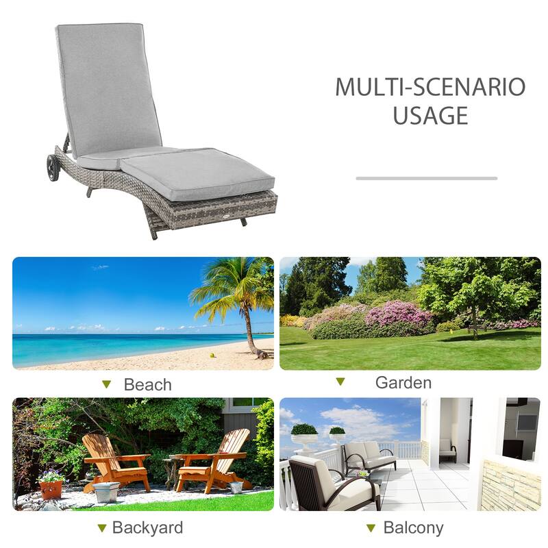 Outdoor Rattan Cushioned Chaise Lounge Chair Patio Sun Lounger with Wheels and Adjustable Backrest for Poolside