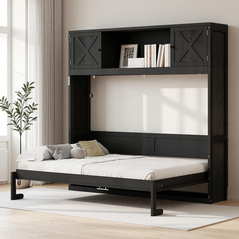 Full Size Murphy Bed Folding Bed with Storage Cabinets - Black