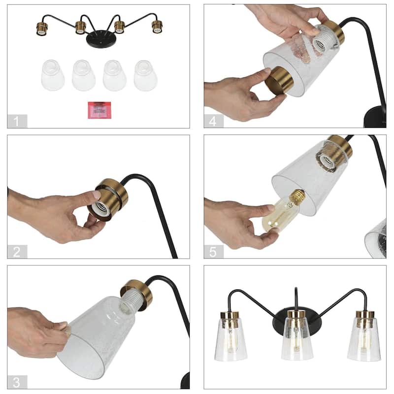 Modern Farmhouse 4-Light Black Gold Bathroom Vanity Lights Dimmable Seeded Glass Wall Lighting - 28.5" L x 7" W x 9.5" H