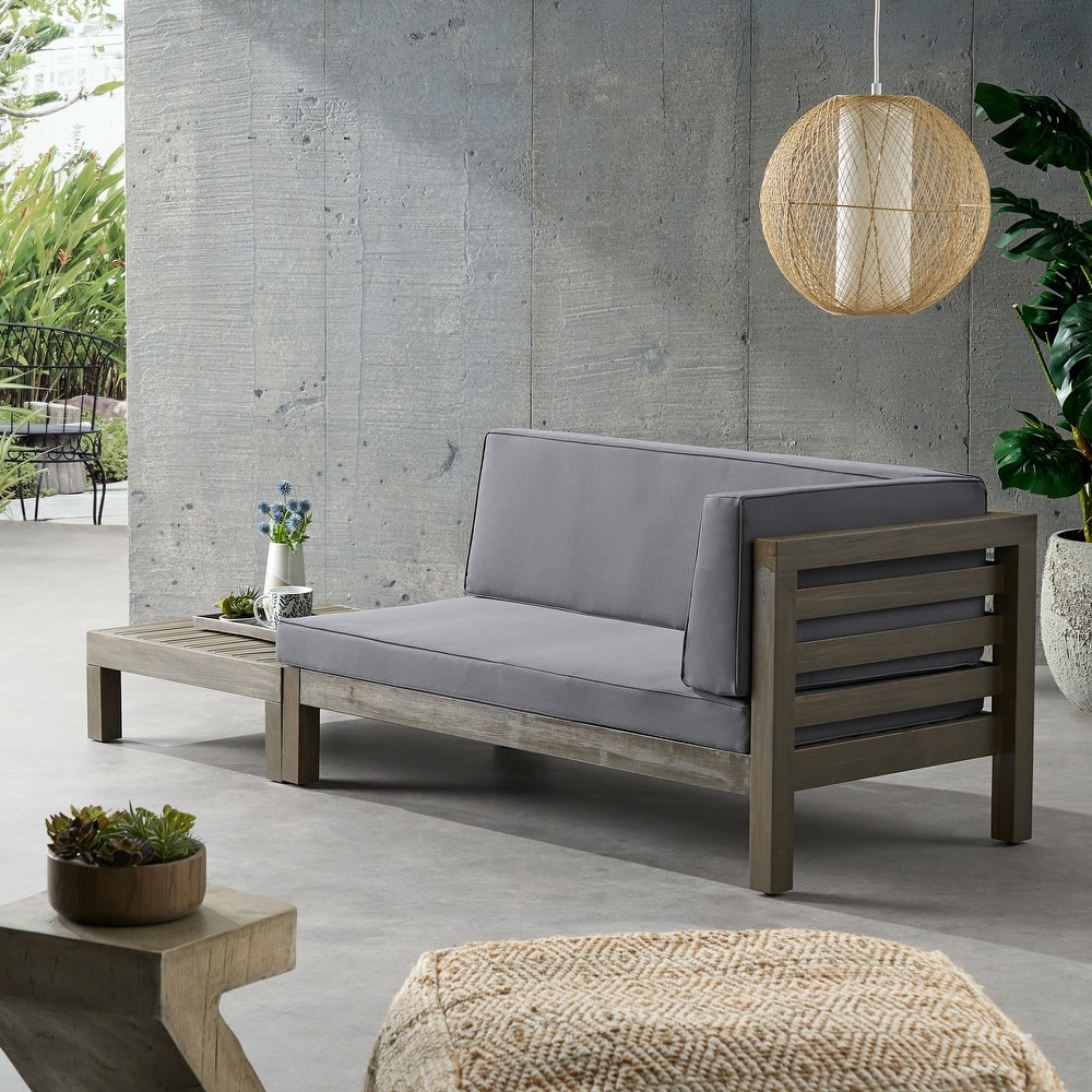 Oana Outdoor Acacia Wood Right Arm Loveseat and Coffee Table Set with Cushion by Christopher Knight Home
