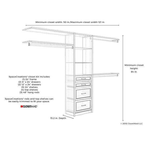 dimension image slide 3 of 4, ClosetMaid SpaceCreations 50 to 121-inch Wide Closet Organizer System