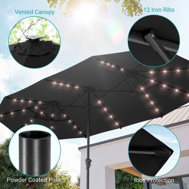 BONOSUKI 13 x 7.2ft Solar-Powered LED Double-Sided Patio Umbrella with Large Canopy Outdoor Table Umbrella for Garden, Navy Blue