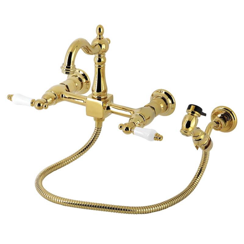 Kingston Brass Essex Double-Handle Wall-Mount Pre-Rinse Bridge Kitchen Faucet - Polished Brass
