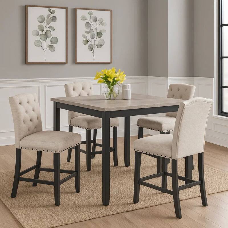 Phy 5pc Counter Table and Chairs Set, Nailheads, Tufted Beige, Brown, Black