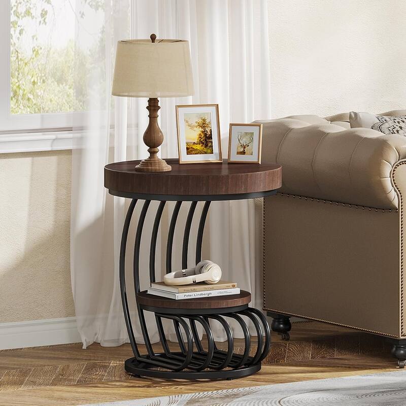 2 Tiers Round End Table with Shelf Storage, Arc-Shaped Side Sofa Table