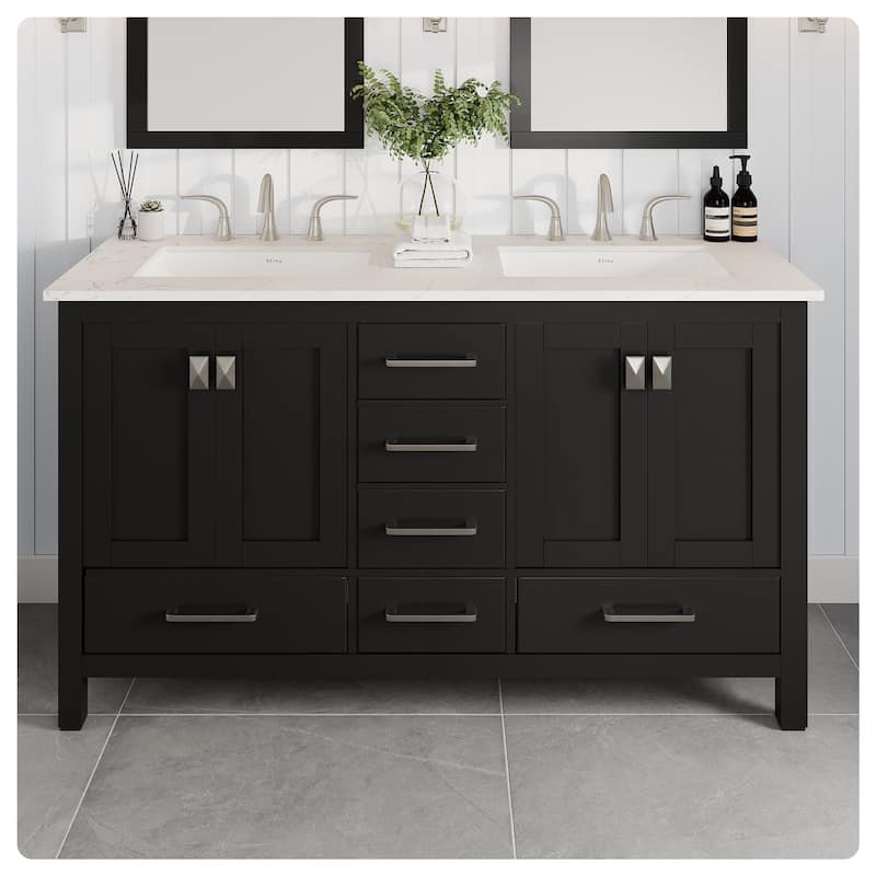 Eviva Aberdeen 60"W x 22"D Espresso Double Sink Bathroom Vanity with White Carrara Quartz Countertop