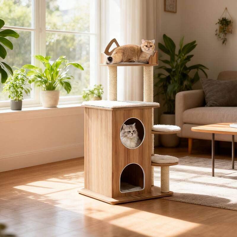 Natural and Beige Wooden Cat Tree Tower with Dual Condos Perches and Scratching Posts 48 Inch - 32" x 22.5" x 48" (L x W x H)