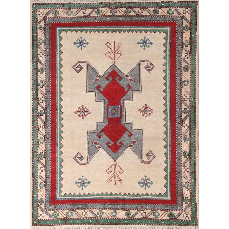 Kazak Area Rug Hand-Knotted Oriental Beige Wool Carpet - 5'0" x 6'10"