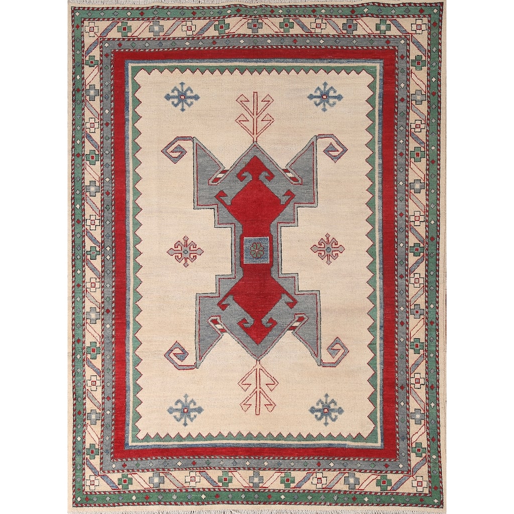 Kazak Area Rug Hand-Knotted Oriental Beige Wool Carpet - 5'0" x 6'10"
