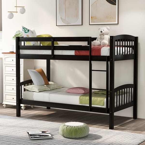 slide 2 of 12, Espresso Twin over Twin Solid Wood Bunk Bed with Ladder and Fence Espresso