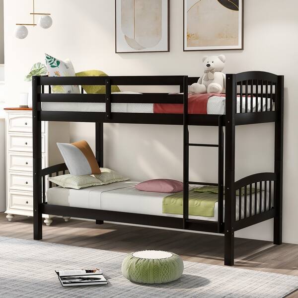 slide 2 of 25, Modern Concise Design Versatile Twin Over Twin Bunk Bed,Solid Pine Wood Frame and Guardrails,Full-Length Guardrail Espresso