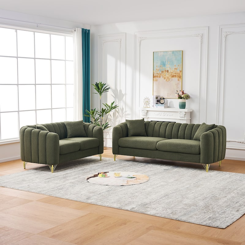 Roomfitters 85" and 63" Modern Teddy Fabric Sofa and Loveseat Set with Gold Legs, Channel Stitched 2-Piece Couch Set - Green