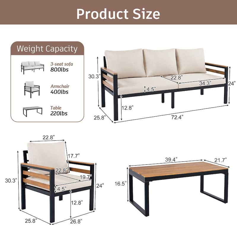 Roomfitters 4-Piece Outdoor Patio Furniture Set with 3-Seater Sofa, 2 Armchairs and Coffee Table, Wood Accents