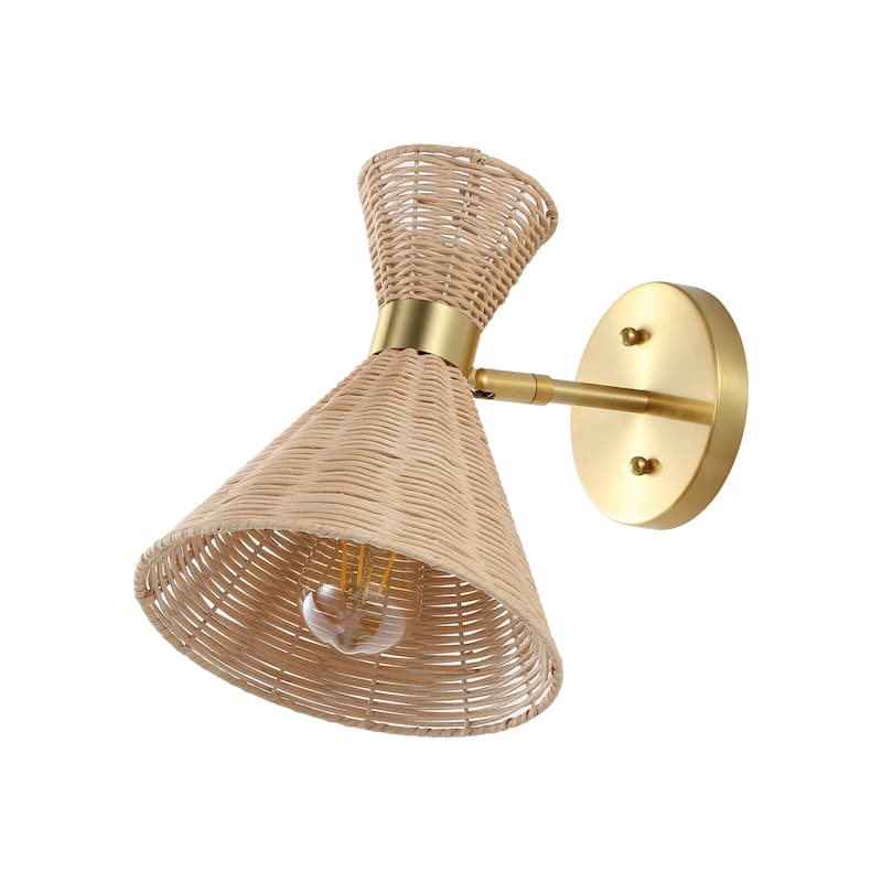 Kiawah 10" 1-Light Mid-Century Vintage Retro Rattan/Metal LED Sconce with Adjustable Shade, by JONATHAN Y