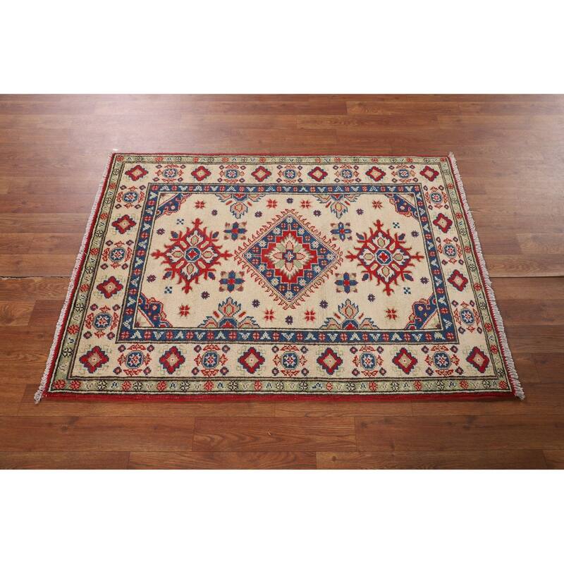 Geometric Beige Kazak Oriental Accent Rug Handmade Beige Wool Carpet - 2'11" x 4'0"