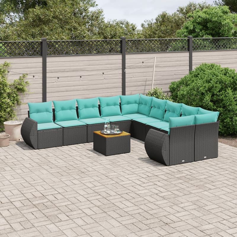 vidaXL Patio Sofa Set with Cushions Outdoor Furniture 11 Piece Poly Rattan - 24.4x 24.4x 27.2 - Black-2x corner+2x sofa+6x middle+table