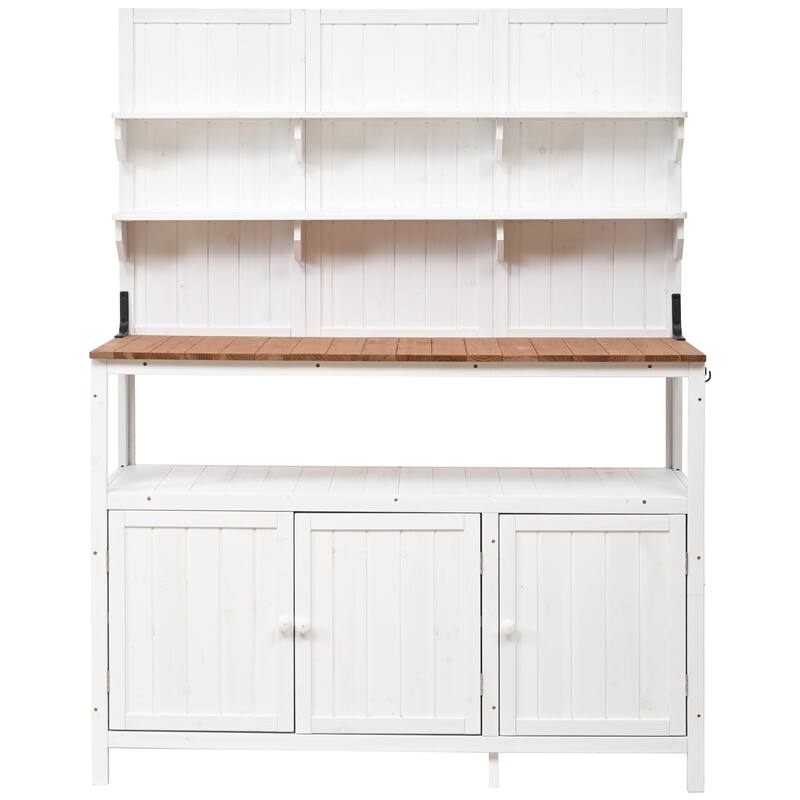 Potting Bench with Hutch, 50.2" Solid Fir Wood Garden Workstation, 2 Shelves, 2 Cabinets, 3 Side Hooks, Outdoor Planting Table - White