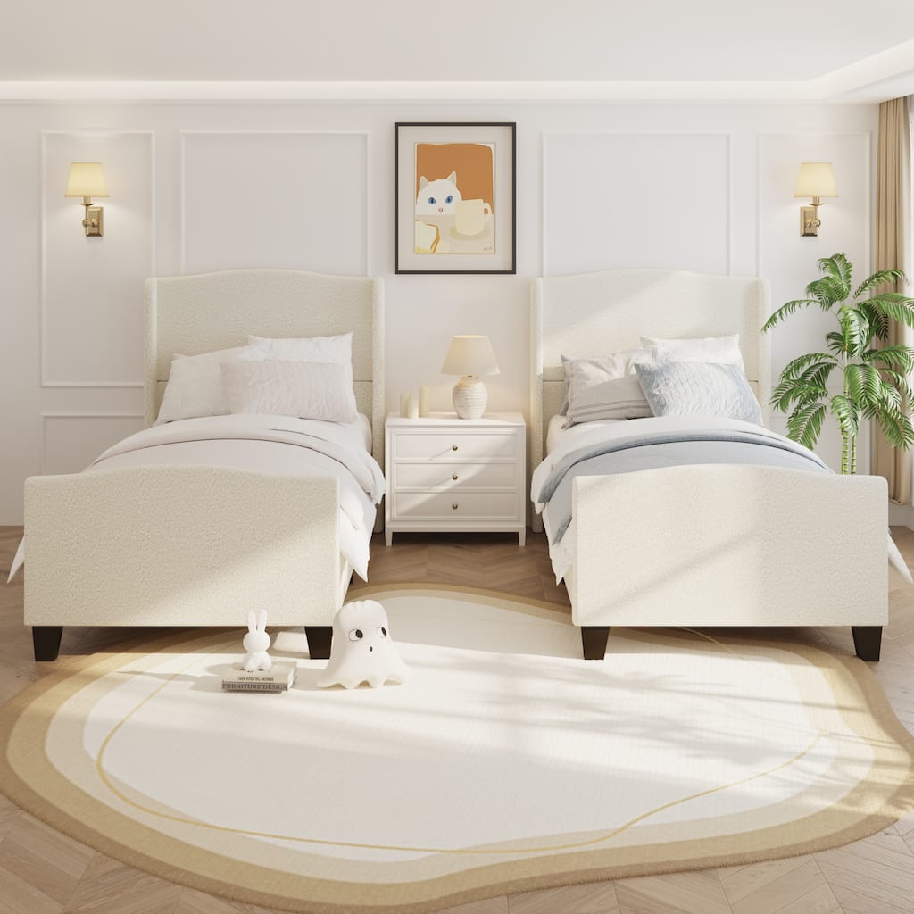 Twin Size Upholstered Platform Bed Frame with High Back Headboard, Teddy Velvet, No Box Spring Needed - White