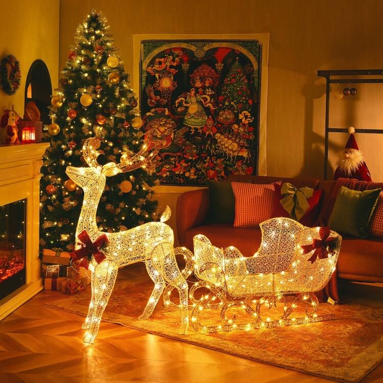 6 Feet Christmas Lighted Reindeer and Santa's Sleigh Decoration with 4 Stakes - 19.5" x 72.5" x 48.5" (L x W x H)