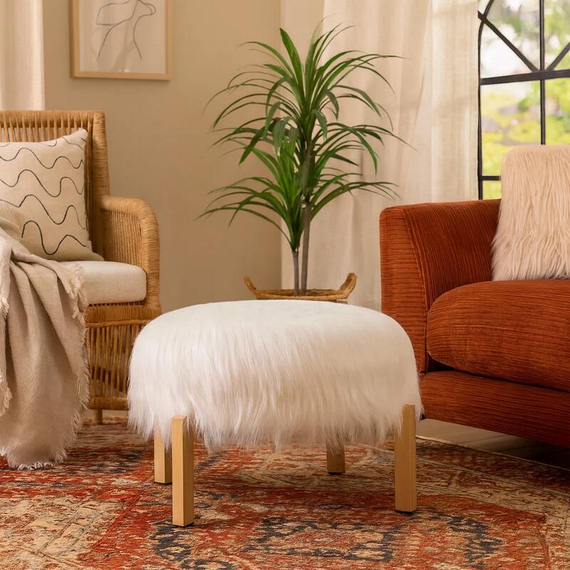Accent Ottoman, Fur-Like Texture, 21 Inch White Fabric Upholstery