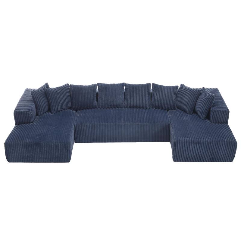 131'' Modular U-shaped Striped Corduroy 4 Seater Sofa, Blue