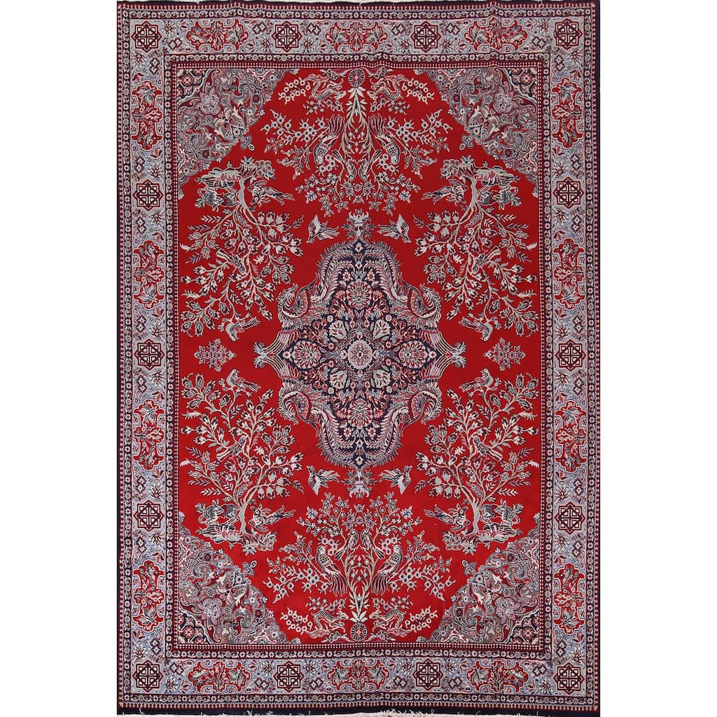 Animals Red Floral Kashan Turkish Area Rug Machine Made Carpet - 9'8" x 12'11"