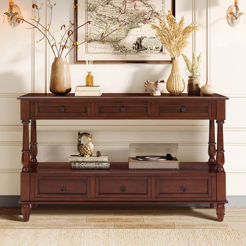 Retro 54" Solid Wood Console Table with 6 Drawers and Shelf for Vintage Living Room and Hallway Storage - Cherry