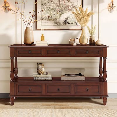 Retro 54" Solid Wood Console Table with 6 Drawers and Shelf for Vintage Living Room and Hallway Storage