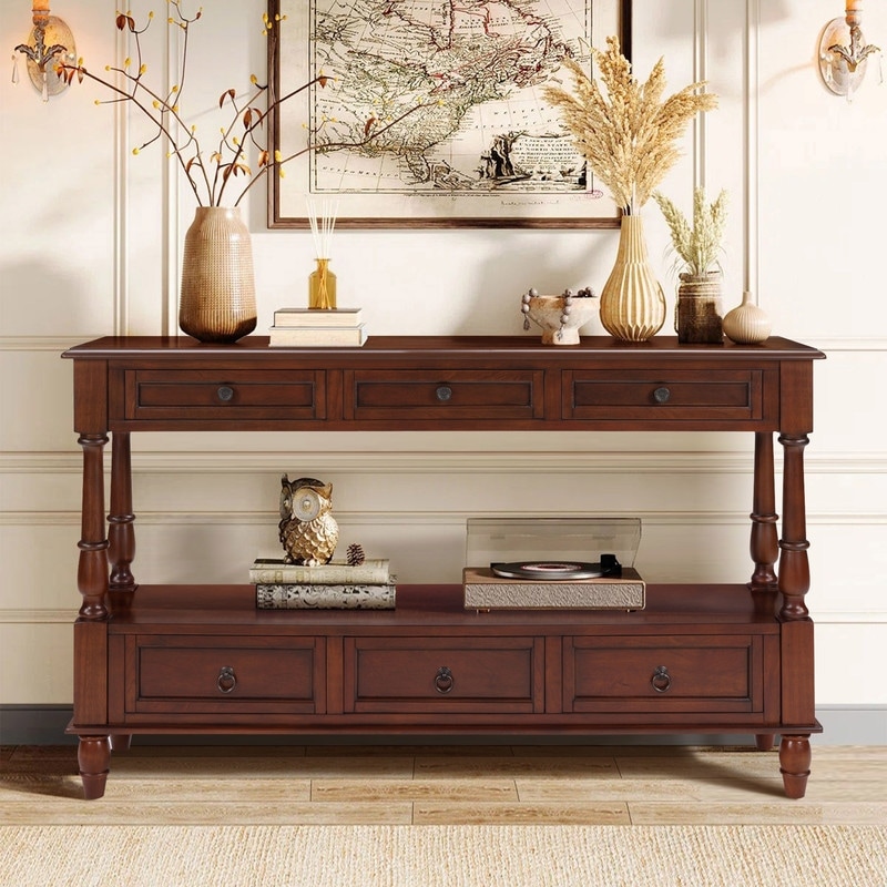Retro 54" Solid Wood Console Table with 6 Drawers and Shelf for Vintage Living Room and Hallway Storage
