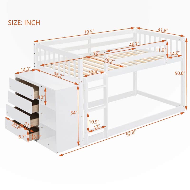 Full over Full Bunk Bed with 4 Drawers and 3 Shelves