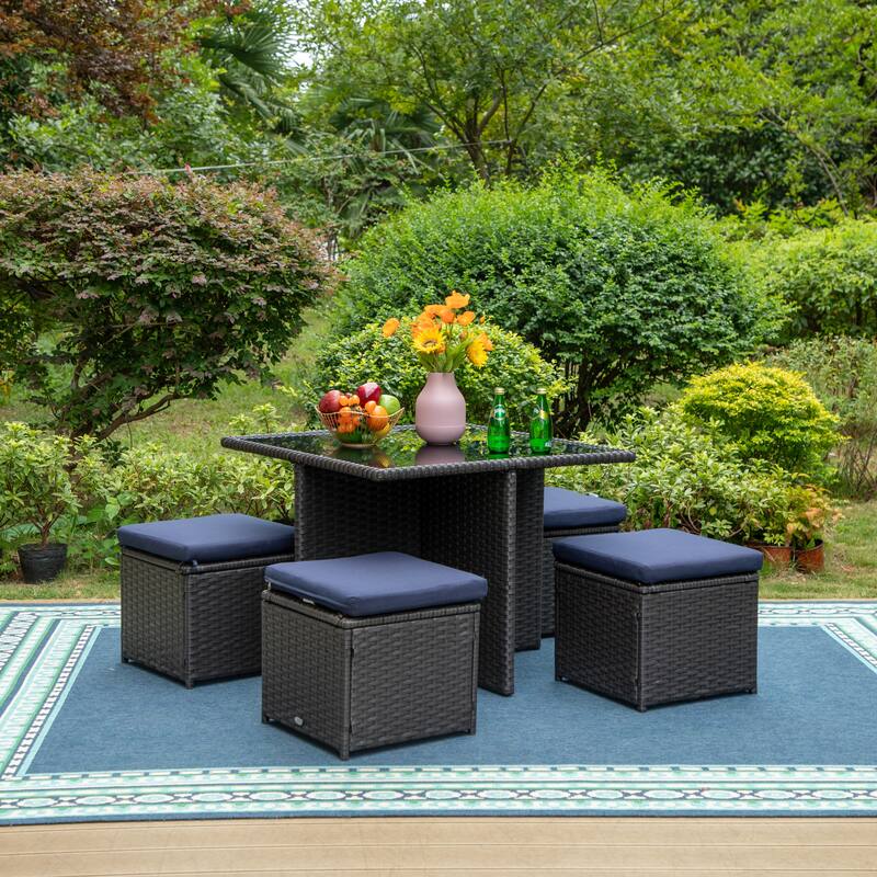 PHI VILLA Outdoor Dining Table and Ottoman Set with Cushions