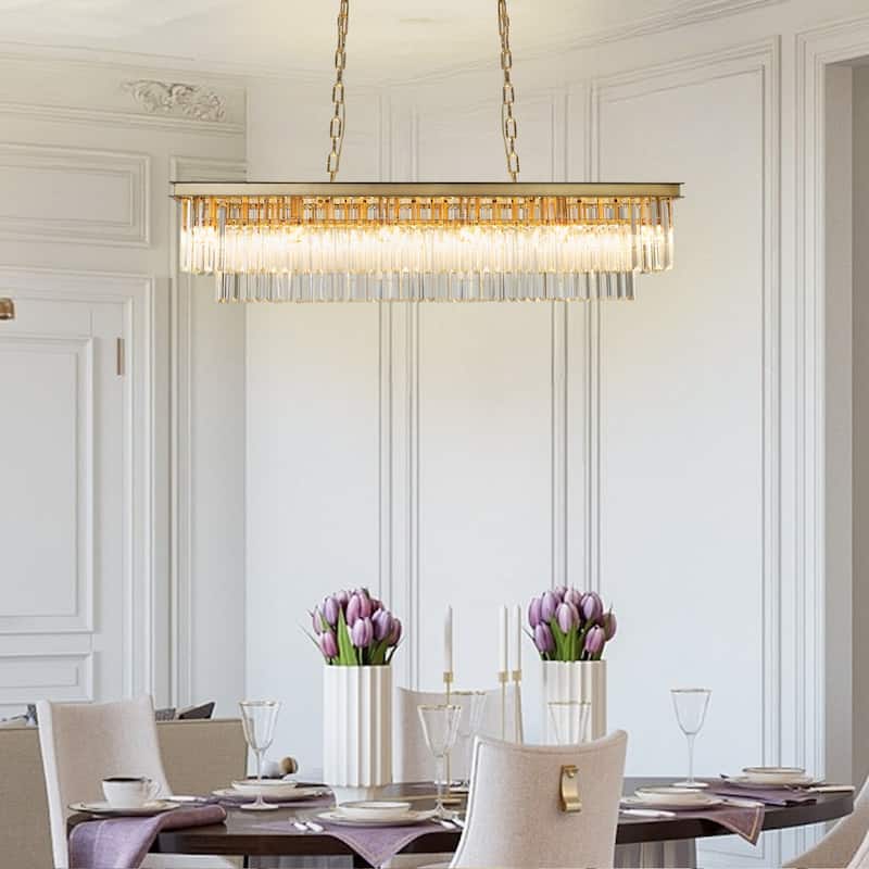 Gold Rectangle Crystal Chandelier, Luxury Pendant Light for Dining Room, Bulbs Included