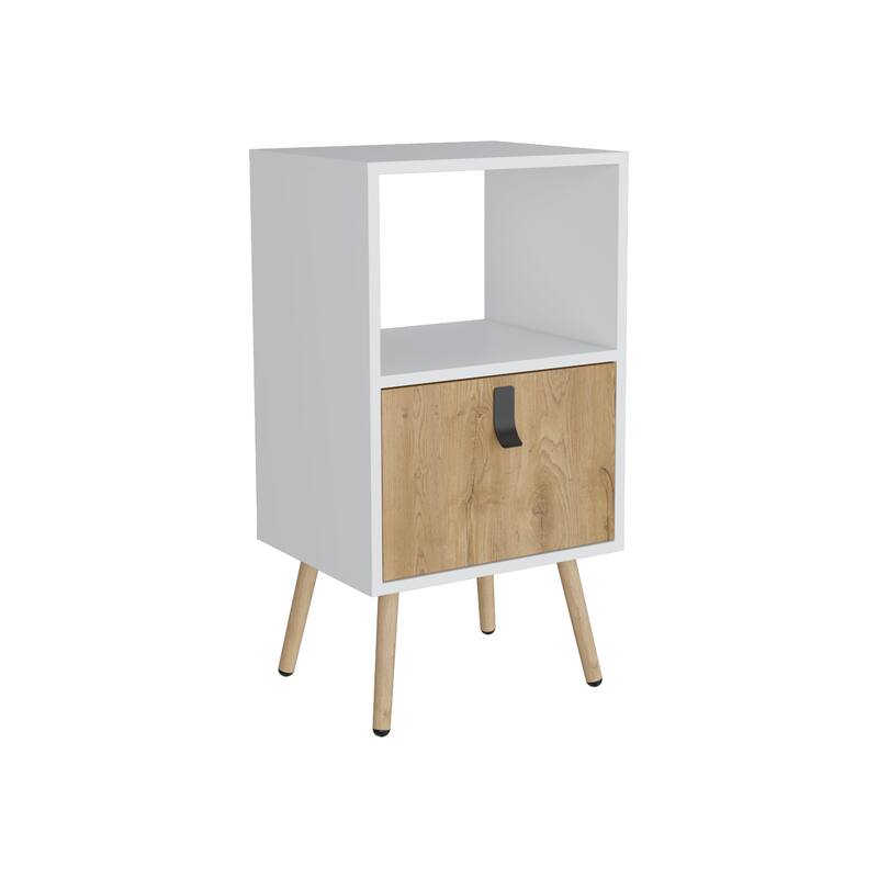 Modern Nightstand with Drawer and Open Storage, White / Macadamia