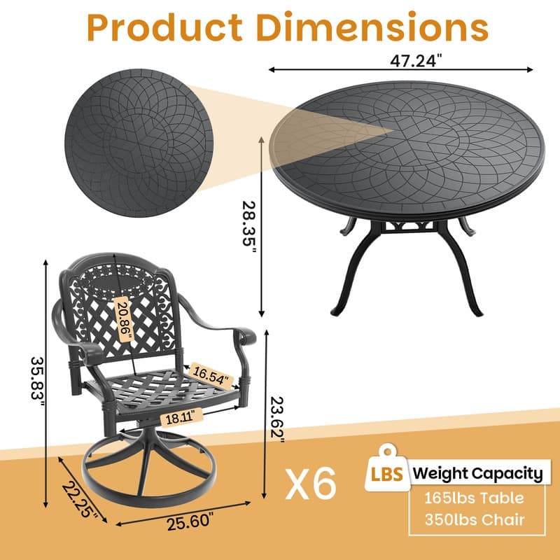7-Piece Aluminum Round Outdoor Patio Dining Set, 6 Cushioned Swivel Chairs, Table, All-Weather Frames