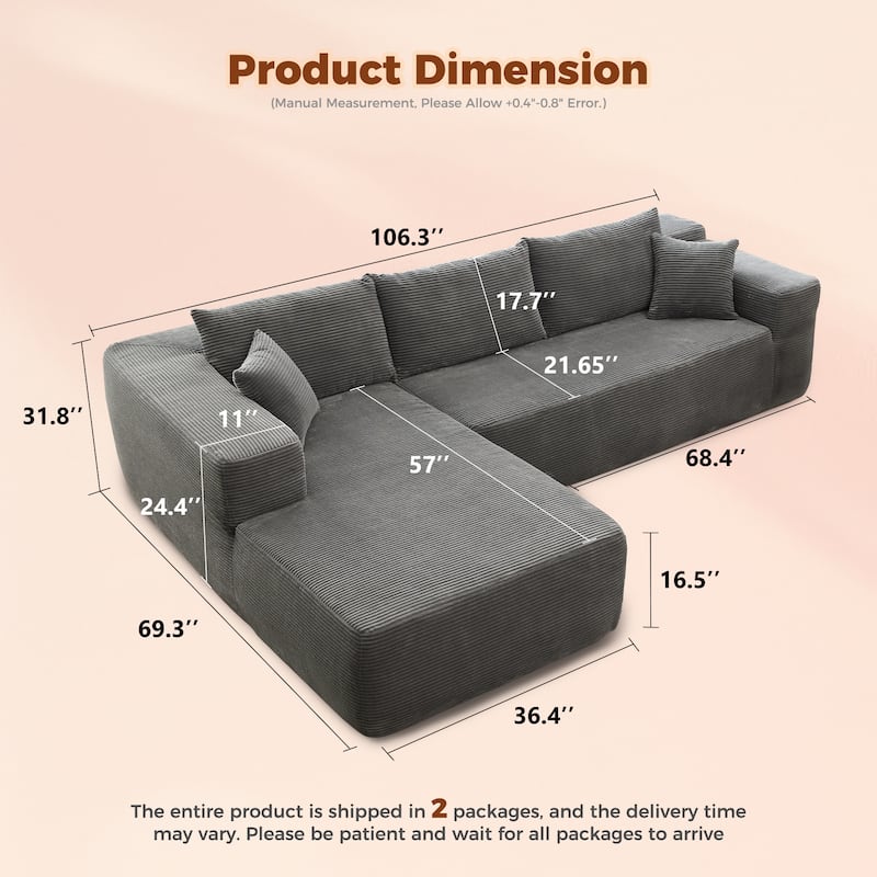 HOOOWOOO Modern L-Shaped Sectional Sofa Corduroy Upholstery Couch with Pillows