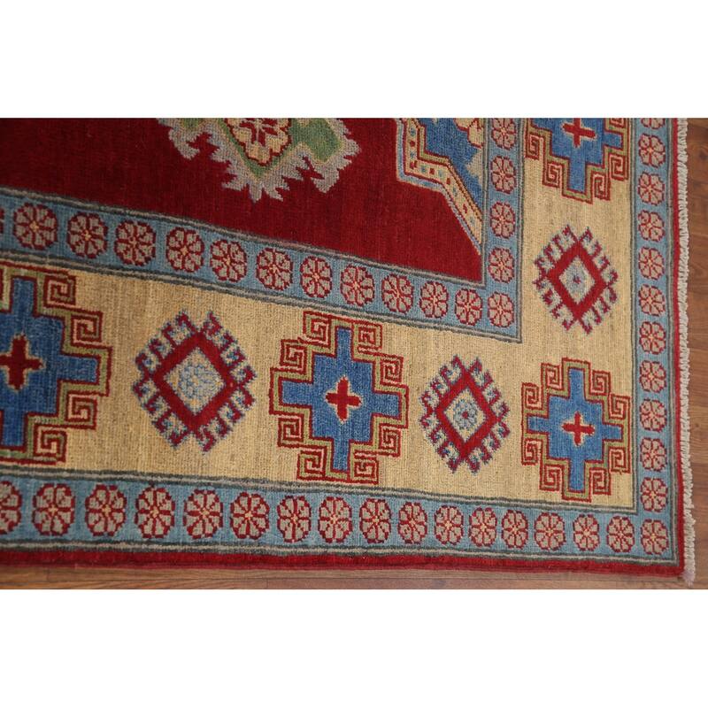 Hand Knotted Oriental 100% Wool Carpet Traditional Geometric Red Kazak Area Rug - 9' 8'' X 6' 7''