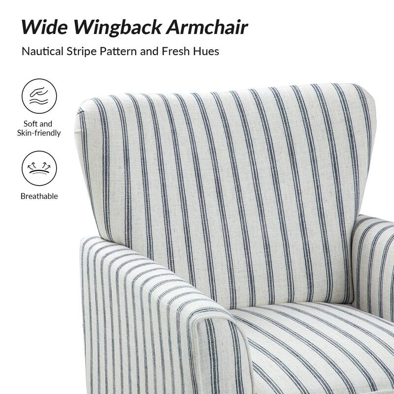 Warren Farmhouse Striped Wingback Chair with Solid Wood Legs by HULALA HOME