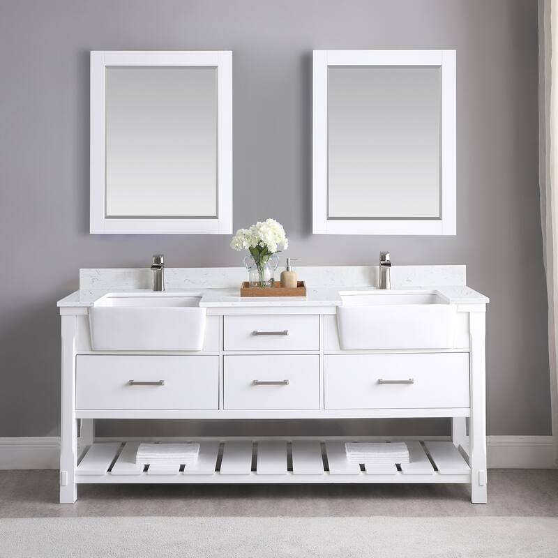 Altair Georgia Double Bathroom Vanity Set and Aosta White Stone Countertop with Farmhouse Basin with Mirror - 72 - White + Brushed Nickel Hardware