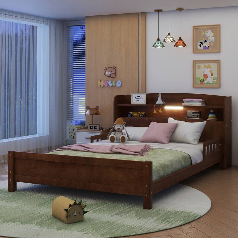 Pine Wood Bed with Bookcase Headboard