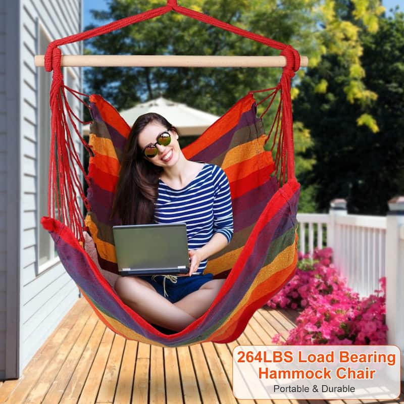 Cotton Canvas Swing Seat Hanging Hammock Chair with Pillows and Wooden Bar for Indoor or Outdoor - 39” x 51”