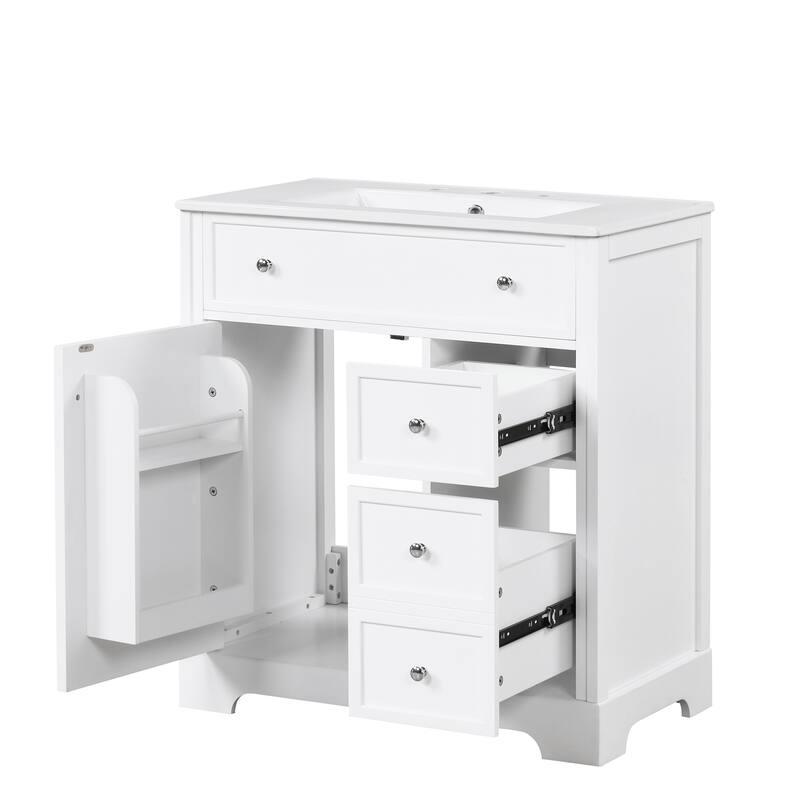 Roomfitters 30" Bathroom Vanity with Sink, Solid Poplar Wood Frame, 2 Drawers & Door with Storage Shelf, White