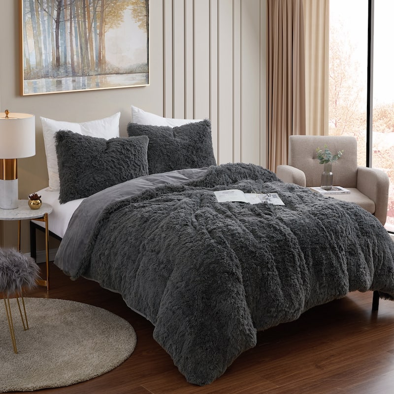 Long Plush Shaggy Comforter Set - Dark Gray - King