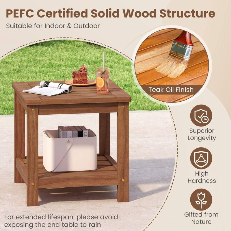 Solid Wood 2-Tier Outdoor Side Table Natural Finish with Slatted Shelves for Patio or Balcony - 18" x 18" x 17.5"