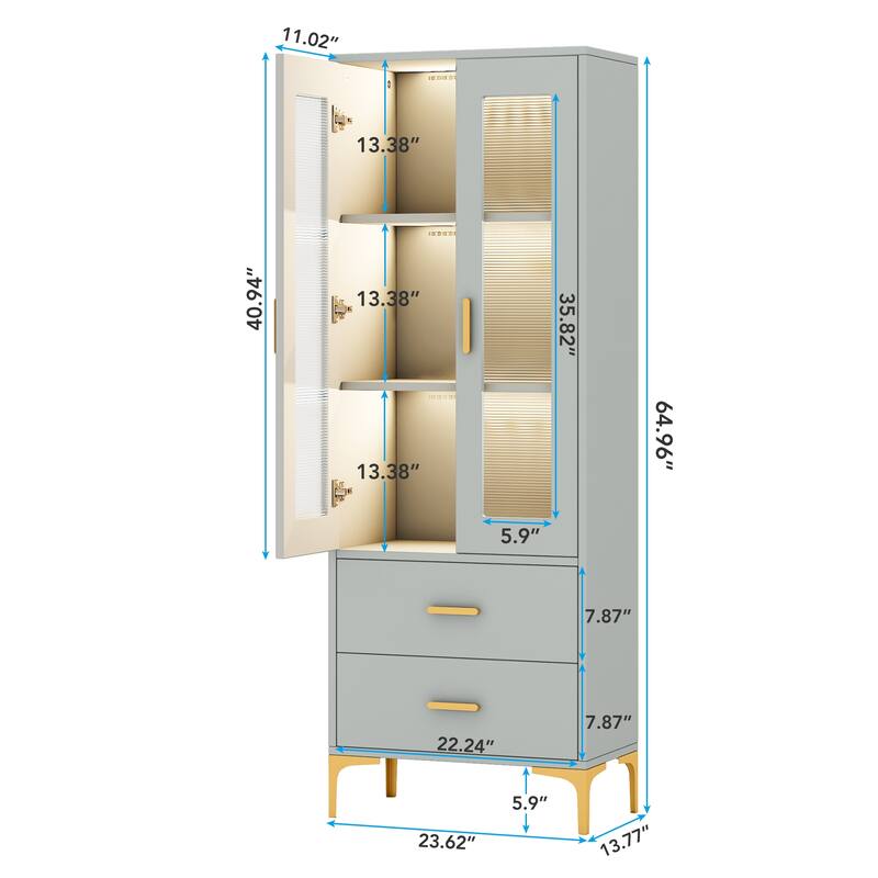 Tall Bookcase Bookshelf Storage Cabinet With Doors and LED Light