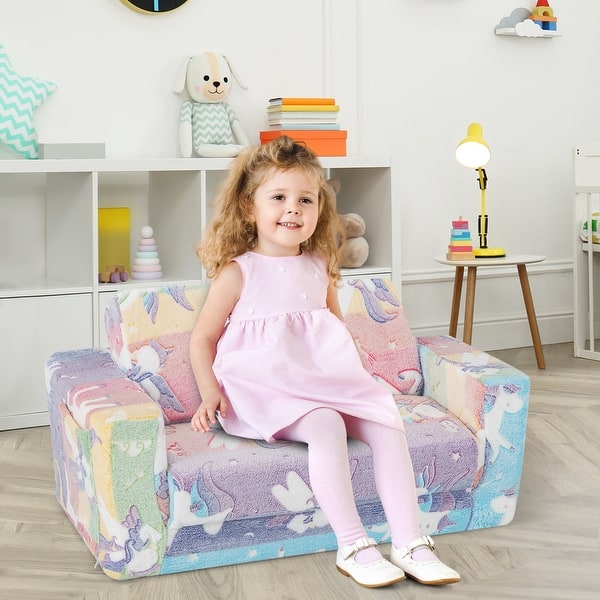 slide 2 of 8, 2-in-1 Flip Out Kids Sofa Chair with Detachable Flannel Fabric Cover and Glowing Patterns - 20 x 32 x 16.5 inch (L x W x H) Multi