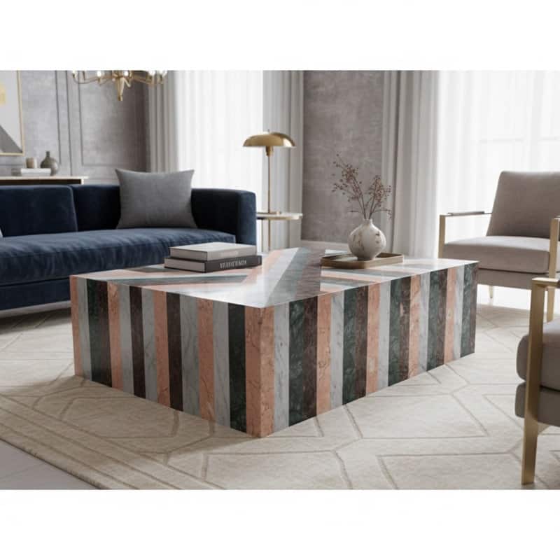 BETACH Genuine Marble Block Coffee Table - Multicolor Striped Marble - Marble