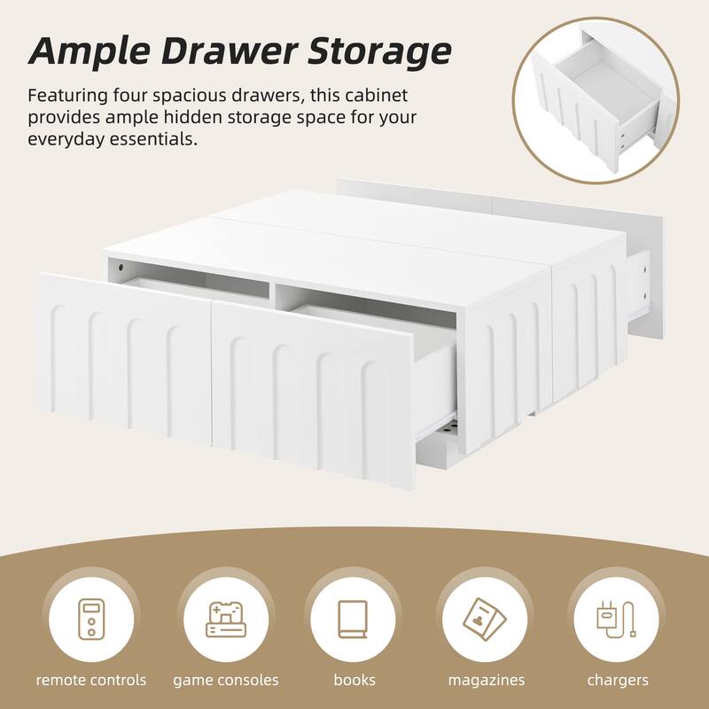 Modern Curved TV Stand, Multi-functional Storage Cabinet for TVs up to 80 Inches with 4 Drawers, for Living Room, Bedroom, White