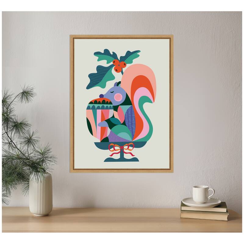 Kate and Laurel Sylvie Framed Canvas Winter Squirrel Christmas Present by Rachel Lee