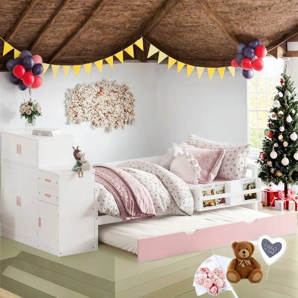 slide 2 of 16, Pink Wood Platform Bed with Bookshelf,Trundle,Twin Size Pink